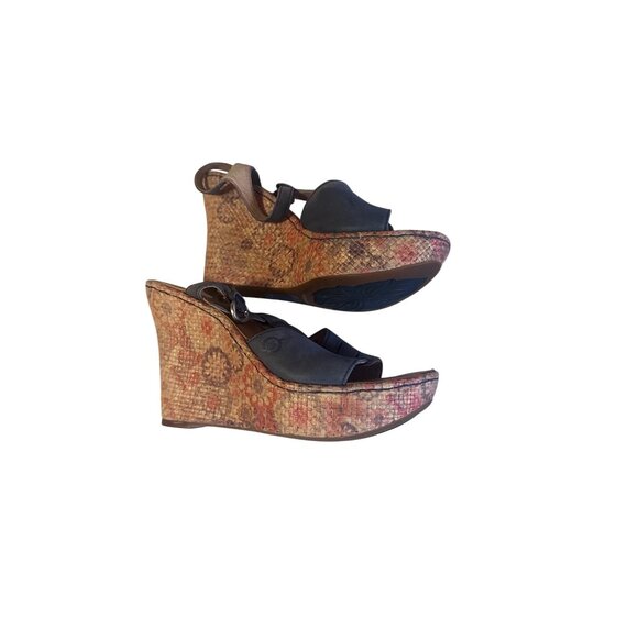 Born Handcrafted blue floral wedge leather sandals size 7M - Picture 4 of 7